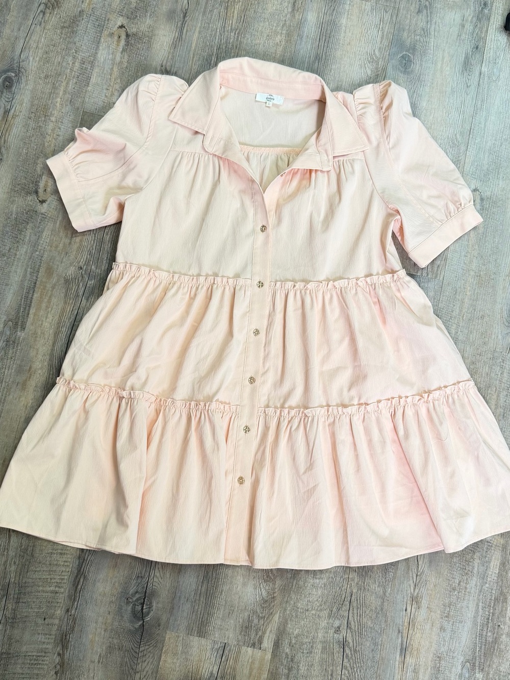 Tiered Short-Sleeve Pink Mini Dress with Button Front